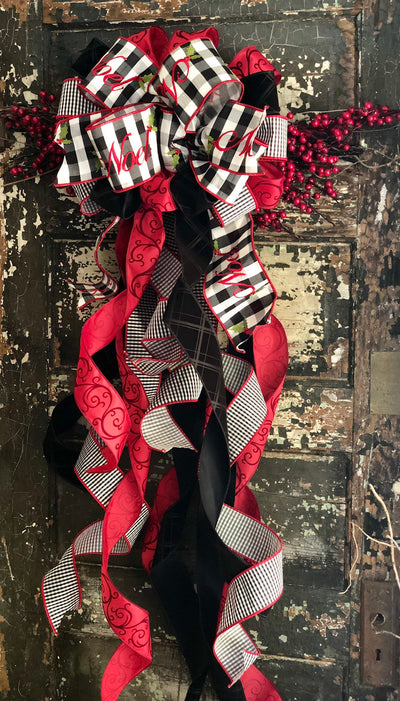 The Noel Red Black & White XL Christmas Tree Topper Bow~Bow for wreaths~Xmas Bow buffalo check~Swag Bow~Farmhouse wreath alternative