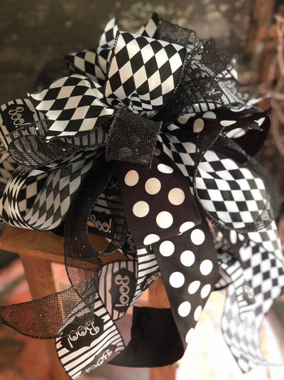 The Boojangles Black & White Halloween Bow for Wreaths And Lanterns~Spooky All Hallows Eve Bow~Skeleton Bow~pumpkin bow~graveyard bow~