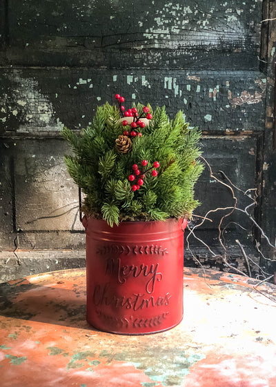 The Donner Rustic Farmhouse Christmas Pine Centerpiece For Table~Pine greenery in bucket~Natural green arrangement with red berries~winter