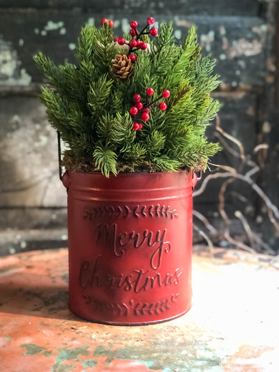 The Donner Rustic Farmhouse Christmas Pine Centerpiece For Table~Pine greenery in bucket~Natural green arrangement with red berries~winter