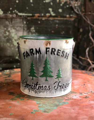 Fresh Cut Christmas Tree Galvanized Buckets~Metal painted pails with handle~Xmas galvanized pail with Christmas tree design~Farmhouse decor