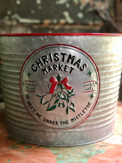 Christmas At The Cabin Market Galvanized Bucket~Large Round ribbed metal bucket with red handles~Tree bucket~Christmas planter~Xmas gift