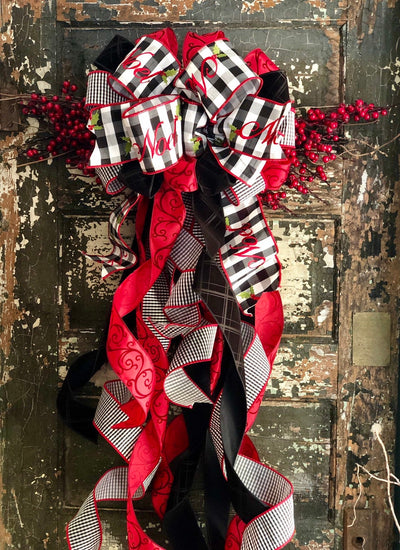 The Noel Red Black & White XL Christmas Tree Topper Bow~Bow for wreaths~Xmas Bow buffalo check~Swag Bow~Farmhouse wreath alternative