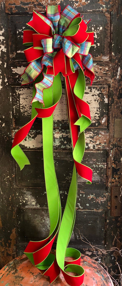 The Madison Red Blue & Green XL Christmas Tree Topper Bow~Bow for wreaths~Xmas plaid Bow~Farmhouse Cottage Bow~Long Stream ribbon topper