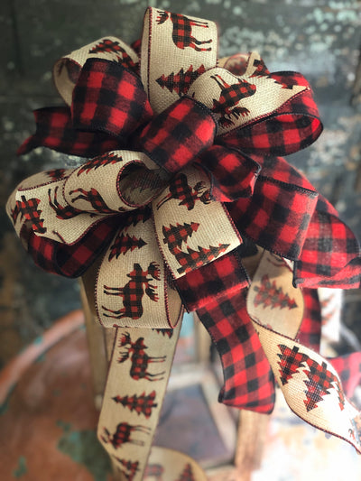 The Georgianna Buffalo Check Christmas Tree Topper Bow~Rustic Farmhouse Bow for wreaths~Red & Black Country ribbon topper~Lantern Bow