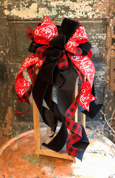The Eve Buffalo Check Christmas Tree Topper Bow~Red Black White Farmhouse Bow for wreaths~long streamer bow~Lantern bow~Swag bow~Velvet bow