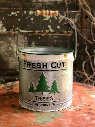 Fresh Cut Christmas Tree Galvanized Buckets~Metal painted pails with handle~Xmas galvanized pail with Christmas tree design~Farmhouse decor