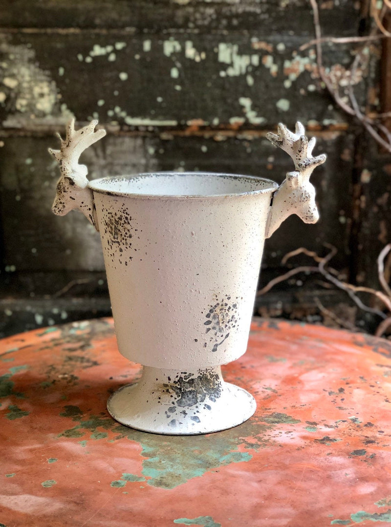 White & Grey Stag Urn Metal Container~Christmas decor~rustic cabin decor~Xmas decor~Reindeer metal contianer for florals~Cottage decor
