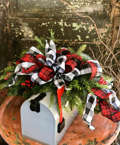 The Jane Red & Black Buffalo Check Christmas Mailbox Swag~Pine mantle piece~Winter Swag for mantle~Long Flat pine centerpiece for table