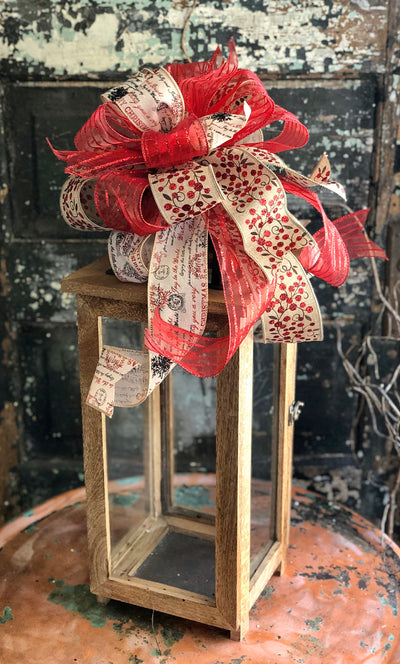 The Emily Red & Tan Christmas Bow, French country bow, bow for lantern, bow for wreaths, long streamer bow for mailbox, christmas decor