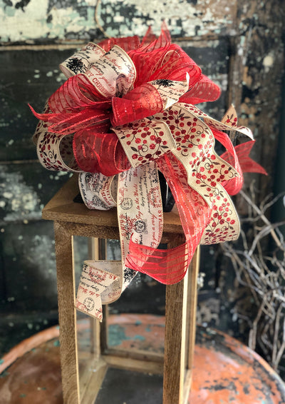The Emily Red & Tan Christmas Bow, French country bow, bow for lantern, bow for wreaths, long streamer bow for mailbox, christmas decor