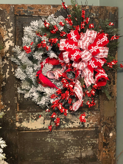 The Nadine Christmas Wreath For Front Door~Winter wreath~snowy iced pine wreath~farmhouse wreath~red & white cardinal wreath