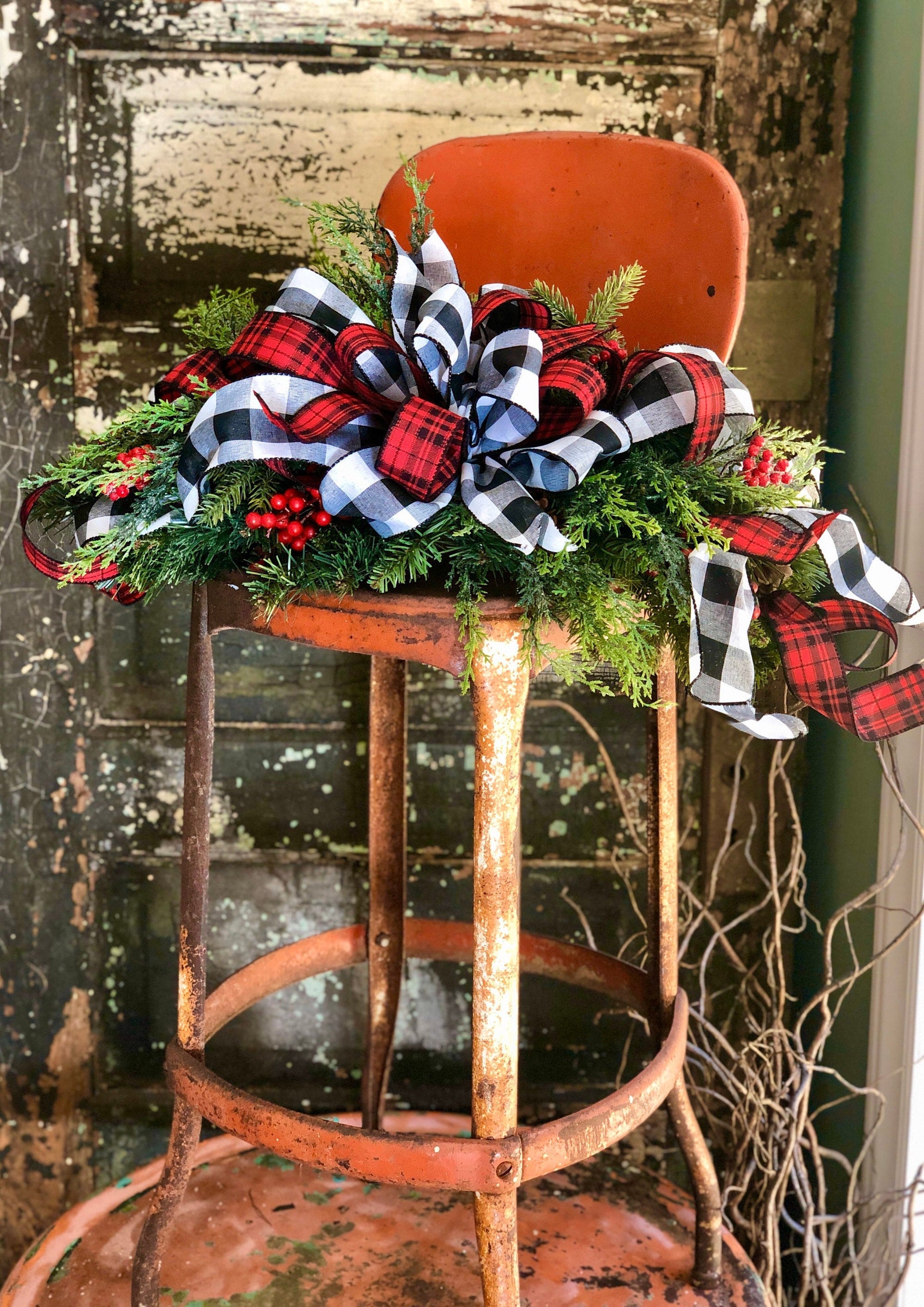 The Jane Red & Black Buffalo Check Christmas Mailbox Swag~Pine mantle piece~Winter Swag for mantle~Long Flat pine centerpiece for table