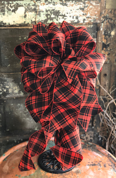 The Juliette Buffalo Plaid Christmas Tree Topper Bow~XL long streamer bow~farmhouse red & black tree topper bow~Rustic cabin christmas decor