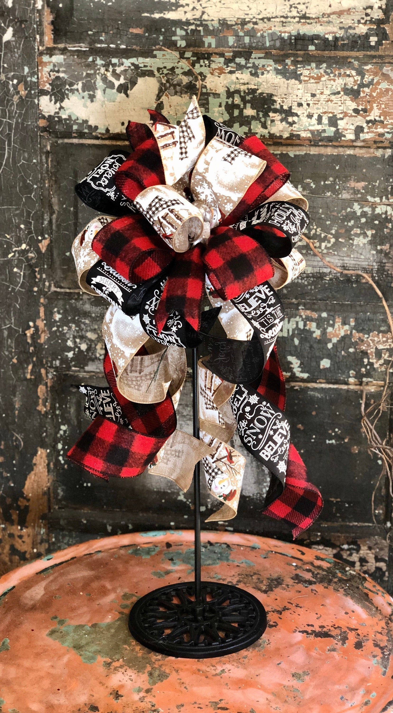 The Grace Red Black & Tan Buffalo Check Christmas Bow, bow for lantern, bow for wreaths, long streamer bow for mailbox, christmas decor