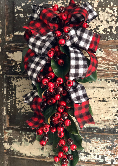 The Aria Red & Black Buffalo Check Magnolia Door Swag, Christmas swag for front door, mantle swag, mailbox decoration, farmhouse winter swag
