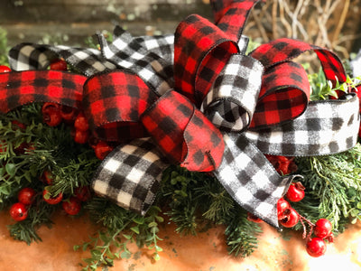 The Faith Red & Black Buffalo Check Christmas Mailbox Swag~Pine mantle piece~Winter Swag for mantle~Long Flat pine centerpiece for table
