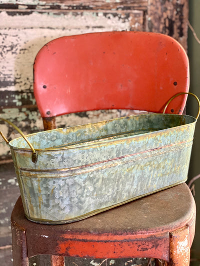 Farmhouse oval tin verdigris container metal handles~Rustic primitive decor~fixer upper decor~galvanized bucket planter