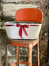 Distressed White Oval Tin Planter With Ribbon~Farmhouse XMAS tin planter, cabin decor, home decor~vintage style christmas planter