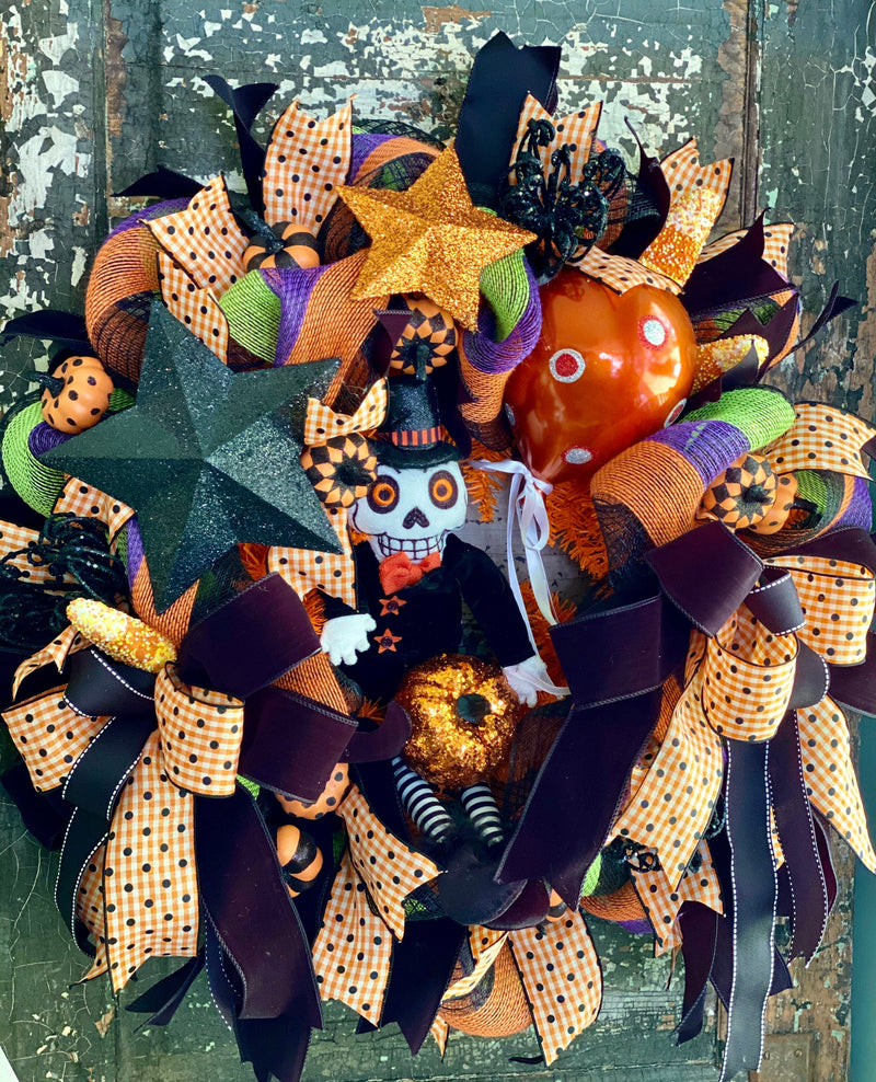 Mr BooJangles Orange Black & White Halloween Wreath