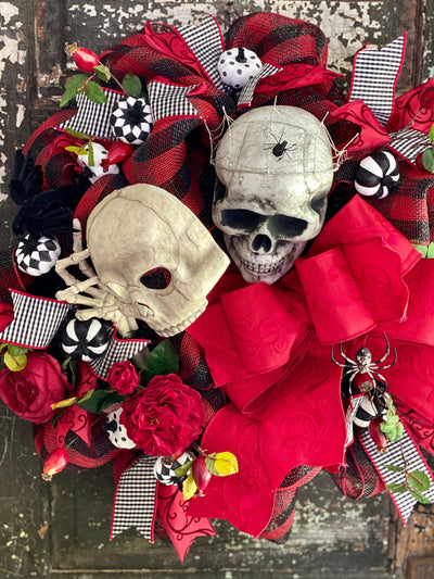 The Cruella Red Black & White Halloween Skull Wreath