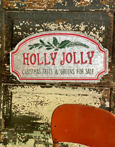 Vintage Style Galvanized Red & Green Holly Jolly Tree Farm Sign