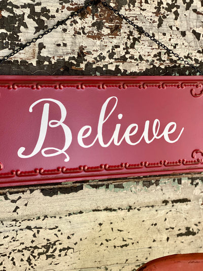 Red Tin Christmas Farmhouse Believe Sign