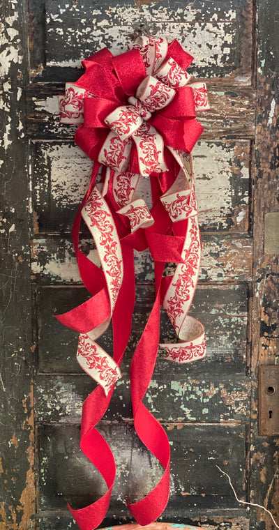 The Marley Red & Tan Christmas tree topper bow-bow with long streamers-xl bow for wreaths-swag bow-mailbox bow-lamppost bow