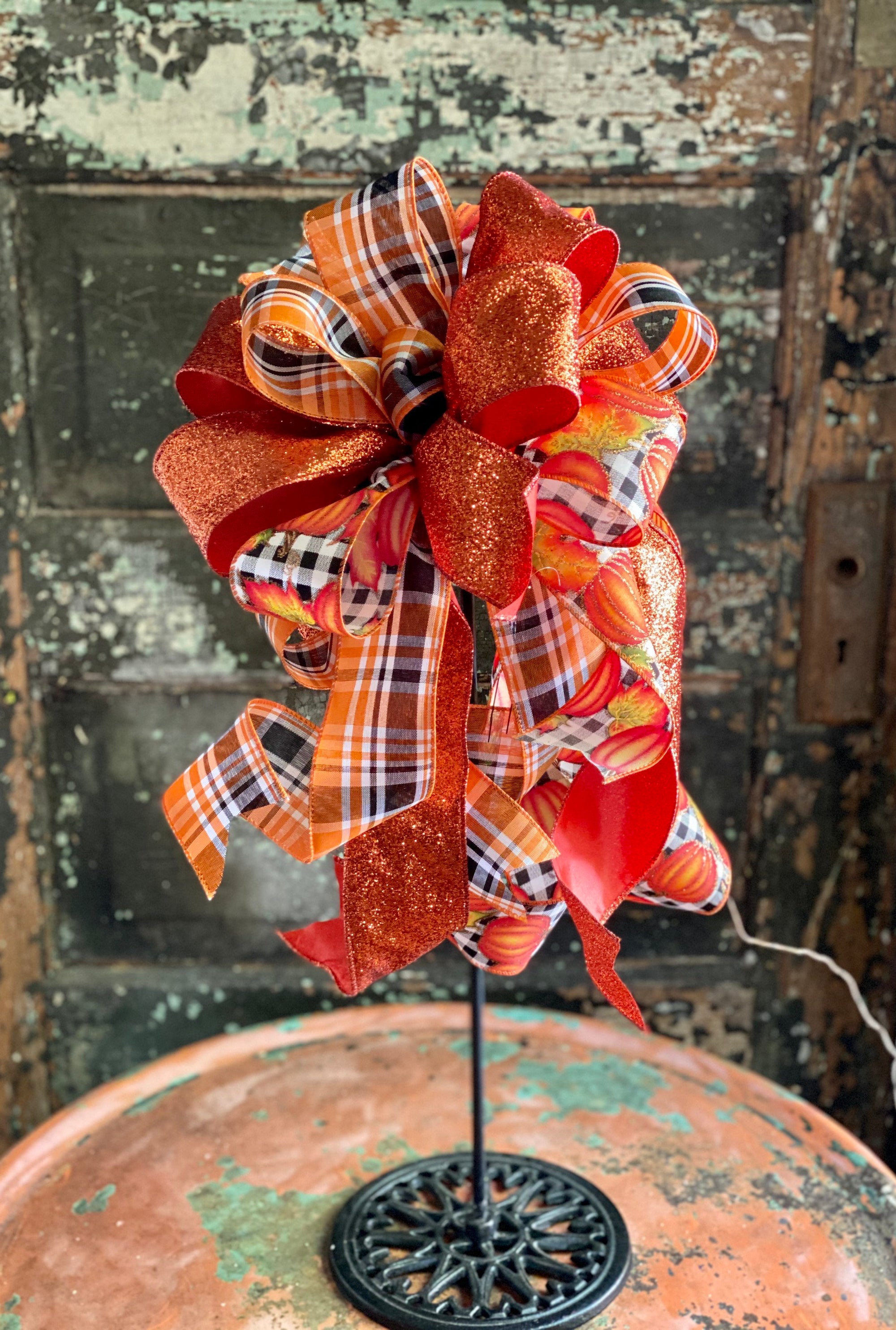The Hazel Orange Black & White Pumpkin Bow For Wreaths