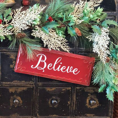 Red Tin Christmas Farmhouse Believe Sign