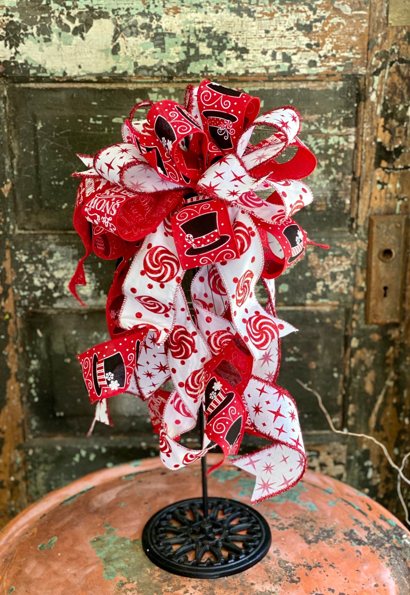 The Ainsley Red Black & White Christmas tree topper bow-bow with long  streamers-xl bow for wreaths-red truck bow-mailbox bow-lamppost bow