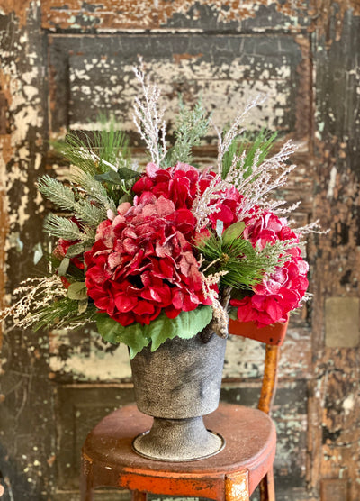 The Bethany Red Icy Hydrangea & Pine Christmas Centerpiece For Dining Table, winter decor, gift for her, holiday decor, winter arrangement
