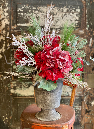 The Bethany Red Icy Hydrangea & Pine Christmas Centerpiece For Dining Table, winter decor, gift for her, holiday decor, winter arrangement