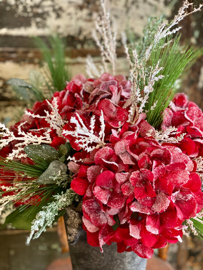 The Bethany Red Icy Hydrangea & Pine Christmas Centerpiece For Dining Table, winter decor, gift for her, holiday decor, winter arrangement