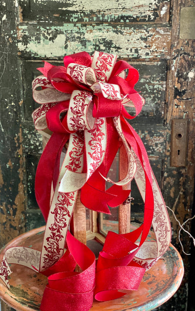 The Marley Red & Tan Christmas tree topper bow-bow with long streamers-xl bow for wreaths-swag bow-mailbox bow-lamppost bow