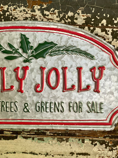 Vintage Style Galvanized Red & Green Holly Jolly Tree Farm Sign