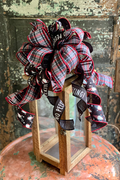 The Patricia Red Black & White Plaid Gnome Christmas Tree Topper Bow~Black Gray Farmhouse Bow for wreaths~long streamer bow~Lantern bow