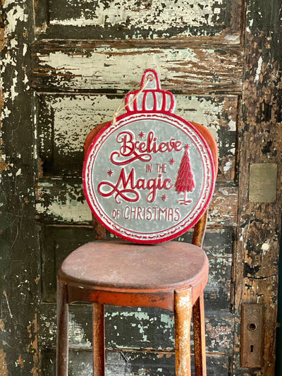 Vintage Style Galvanized Red Believe In Magic Of Christmas Sign~farmhouse Christmas decor~Xmas decor~ornament sign~wreath attachment