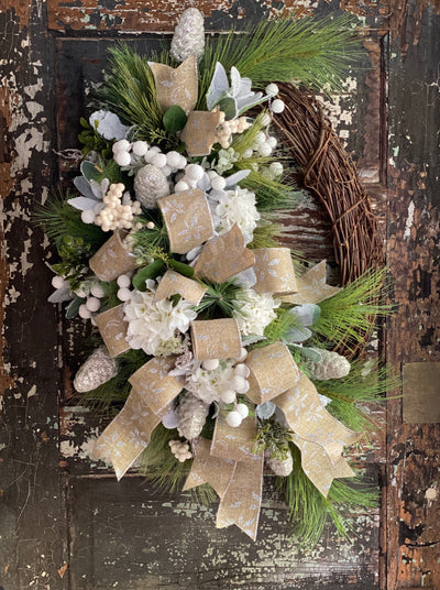 The Jessica Winter Woodland Icy Snow Christmas Wreath For Front Door~Farmhouse White hydrangea & pine wreath~gold and silver snowy