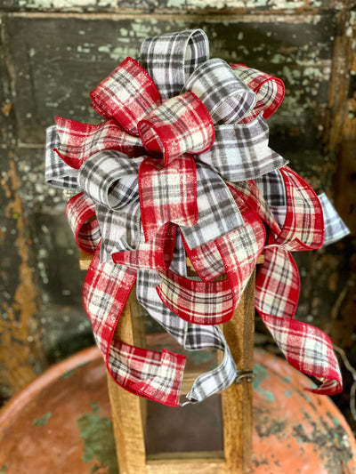 The Krampus Red & Gray Christmas Tree Topper Bow~Xmas bow for wreaths~Plaid bow for mailbox~Swag bow~Farmhouse bow~rustic bow~cabin decor