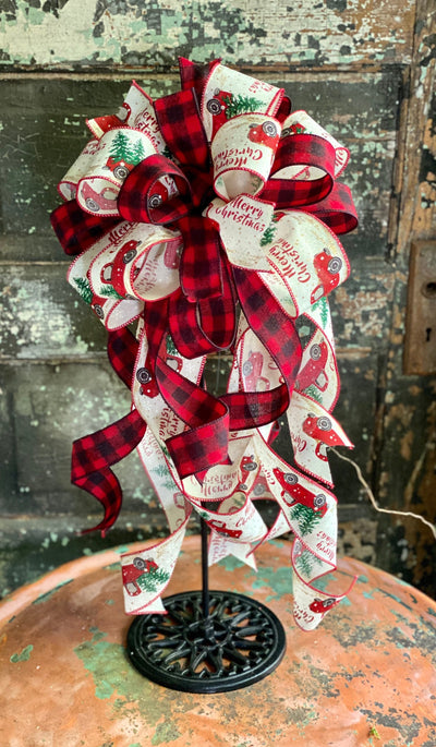 The Christabel Red Black & Tan Vintage Truck Christmas Tree Topper bow