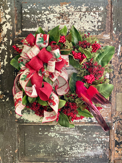 The Jane Red Cardinal Berry & Magnolia Rustic Christmas Wreath For Front door, Farmhouse Wreath, Winter wreath, Cabin Holiday wreath