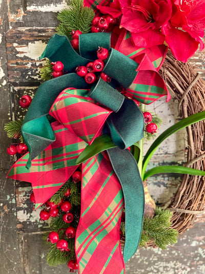 The Nataylia Red Amaryllis Berry & Pine Christmas Wreath For Front door, Farmhouse Winter Wreath, Holiday wreath, natural botanical wreath