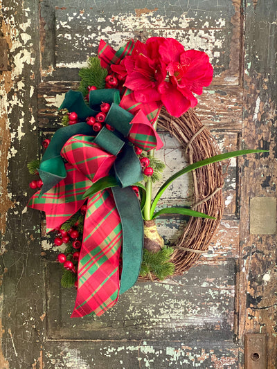 The Nataylia Red Amaryllis Berry & Pine Christmas Wreath For Front door, Farmhouse Winter Wreath, Holiday wreath, natural botanical wreath
