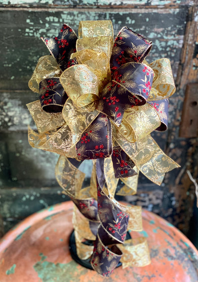 The Edith Red Black & Gold Christmas Tree Topper Bow, bow for lantern, bow for wreaths, long streamer bow, christmas decor