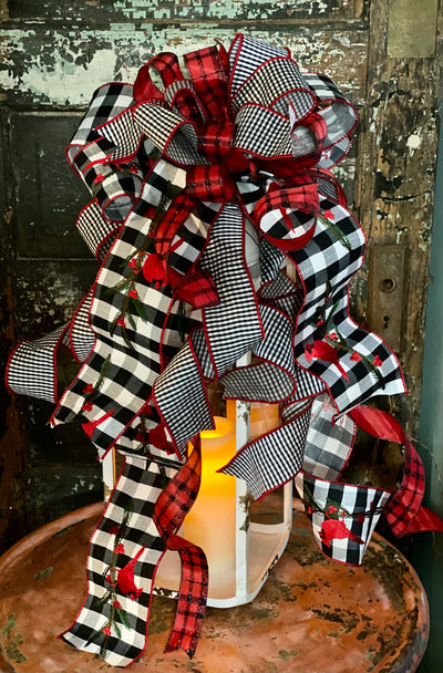 The Angel Red Black & White Buffalo Check Cardinal Christmas Tree Topper Bow~Bow for wreaths~Farmhouse winter bow