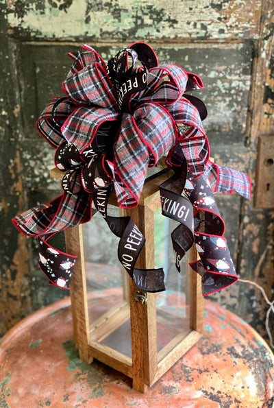 The Patricia Red Black & White Plaid Gnome Christmas Tree Topper Bow~Black Gray Farmhouse Bow for wreaths~long streamer bow~Lantern bow