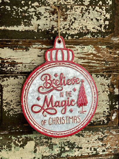 Vintage Style Galvanized Red Believe In Magic Of Christmas Sign~farmhouse Christmas decor~Xmas decor~ornament sign~wreath attachment