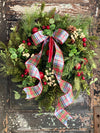The Maribelle Winter Rustic Red & White Evergreen Christmas Wreath For Front Door~Farmhouse Pine berry jingle bell wreath~tartan plaid Xmas