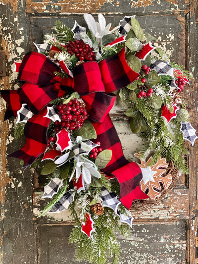 The Anise Winter Rustic Red & White Evergreen Christmas Wreath For Front Door, Farmhouse Buffalo check snowy pine wreath, cabin decor